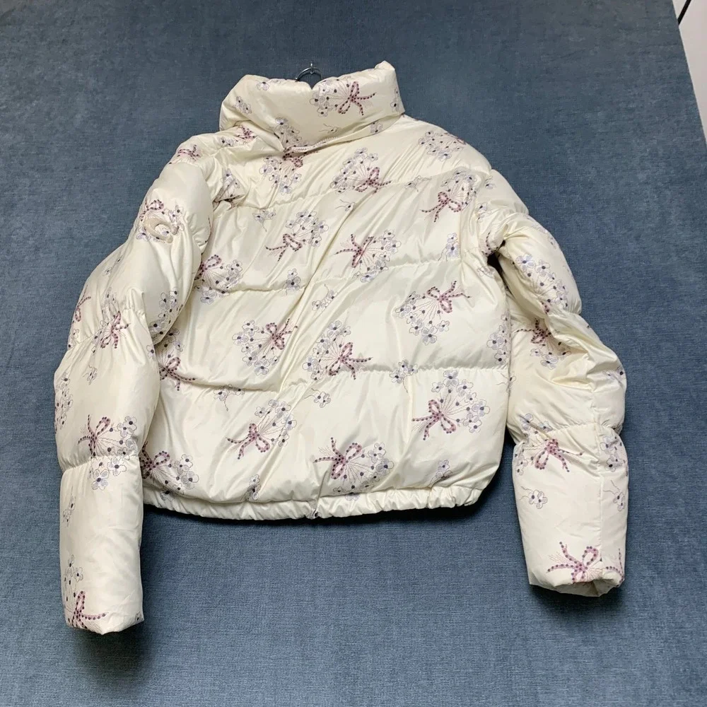 Coach Puffer Jacket Womens Large Cream Floral Print Long Sleeve Winter Full Zip